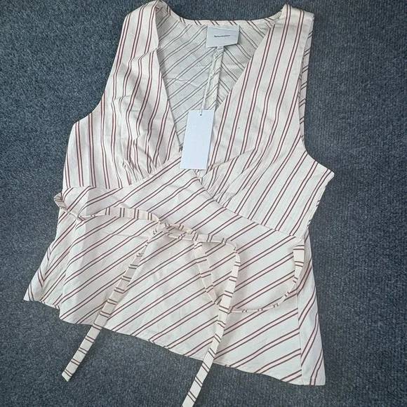 Reformation Tank Top Womens 2 Beige Brown Striped Tie Waist V Neck Casual Wear - Picture 3 of 10